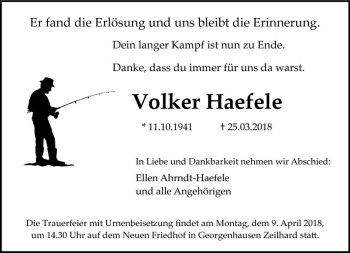 Traueranzeige von Volker Haefele von Trauerportal Rhein Main Presse