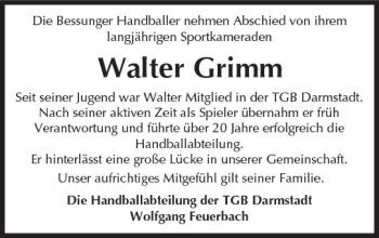 Traueranzeige von Walter Grimm von Trauerportal Rhein Main Presse