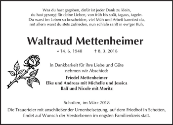 Traueranzeige von Waltraud Mettenheimer von  Kreisanzeiger