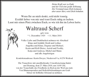 Traueranzeige von Waltraud Scherf von  Usinger Anzeiger