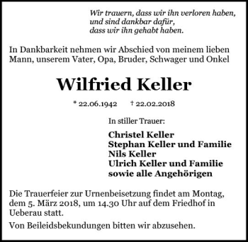 Traueranzeige von Wilfried Keller von Trauerportal Rhein Main Presse