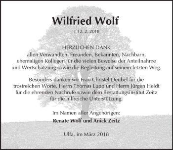 Traueranzeige von Wilfried Wolf von  Kreisanzeiger