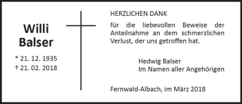 Traueranzeige von Willi Balser von  Gießener Anzeiger