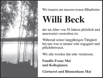 Traueranzeige von Willi Beck von Trauerportal Rhein Main Presse