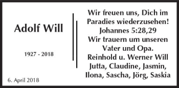 Traueranzeige von Adolf Will von  Kreisanzeiger