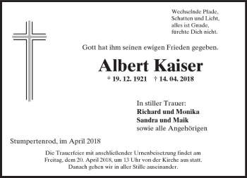 Traueranzeige von Albert Kaiser von VRM Trauer