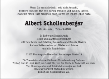 Traueranzeige von Albert Schollenberger von  Usinger Anzeiger