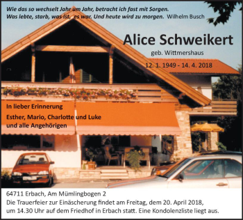 Traueranzeige von Alice  Schweikert von Trauerportal Rhein Main Presse