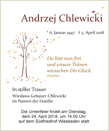 Traueranzeige von Andrzej Chlewicarki von Trauerportal Rhein Main Presse