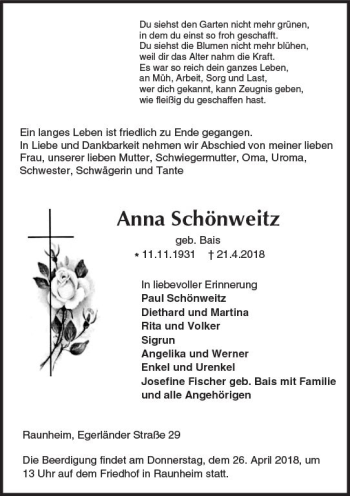 Traueranzeige von Anna Schönweitz von Trauerportal Rhein Main Presse