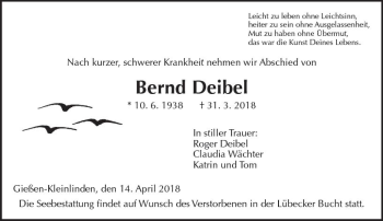Traueranzeige von Bernd Deibel von  Gießener Anzeiger