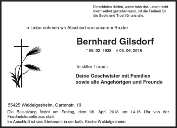 Traueranzeige von Bernhard Gilsdorf von Trauerportal Rhein Main Presse