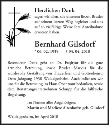 Traueranzeige von Bernhard Gilsdorf von Trauerportal Rhein Main Presse