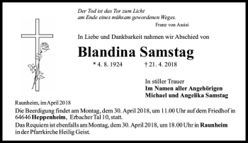 Traueranzeige von Blandina Samstag von Trauerportal Rhein Main Presse