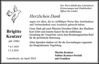 Traueranzeige von Brigitte Keutzer von VRM Trauer