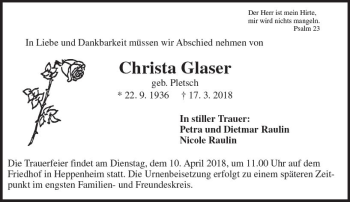 Traueranzeige von Christa Glaser von Trauerportal Rhein Main Presse