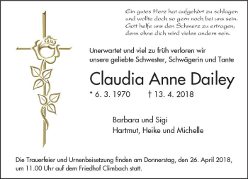 Traueranzeige von Claudia Anne Dailey von  Gießener Anzeiger