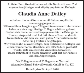 Traueranzeige von Claudia Anne Dailey von  Gießener Anzeiger