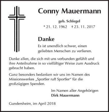 Traueranzeige von Conny Mauermann von Trauerportal Rhein Main Presse