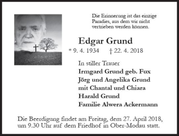 Traueranzeige von Edgar Grund von Trauerportal Rhein Main Presse