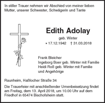 Traueranzeige von Edith Adolay von Trauerportal Rhein Main Presse