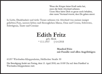 Traueranzeige von Edith Fritz von Trauerportal Rhein Main Presse