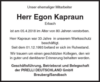 Traueranzeige von Egon Kapraun von Trauerportal Rhein Main Presse