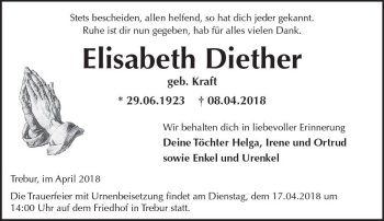 Traueranzeige von Elisabeth Diether von Trauerportal Rhein Main Presse