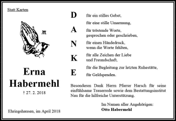 Traueranzeige von Erna Habermehl von VRM Trauer