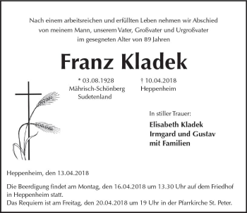 Traueranzeige von Franz Kladek von Trauerportal Rhein Main Presse