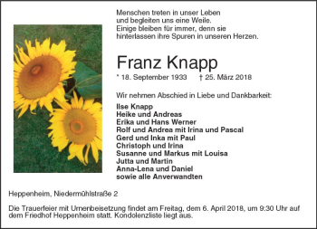 Traueranzeige von Franz Knapp von Trauerportal Rhein Main Presse