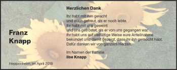 Traueranzeige von Franz Knapp von Trauerportal Rhein Main Presse