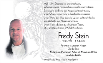 Traueranzeige von Fredy Stein von VRM Trauer