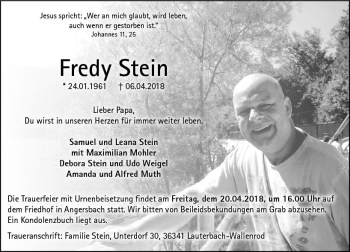 Traueranzeige von Fredy Stein von VRM Trauer