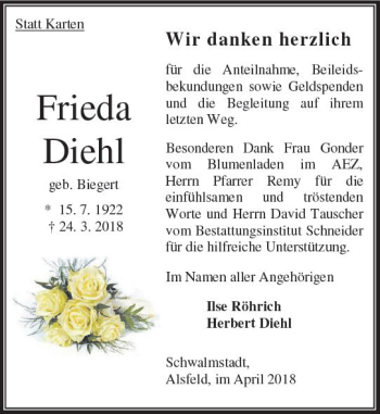 Traueranzeige von Frieda Diehl von VRM Trauer