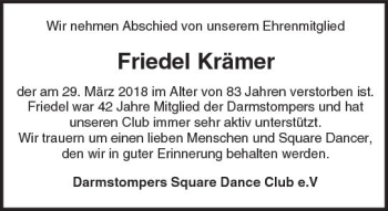 Traueranzeige von Friedel Krämer von Trauerportal Rhein Main Presse
