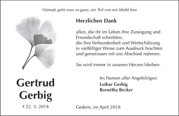 Traueranzeige von Gertrud Gerbig von  Kreisanzeiger