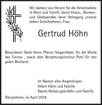 Traueranzeige von Gertrud Höhn von Trauerportal Rhein Main Presse