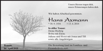 Traueranzeige von Hans Axmann von  Gießener Anzeiger