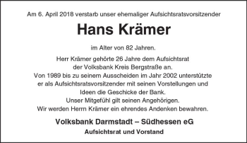 Traueranzeige von Hans Krämer von Trauerportal Rhein Main Presse