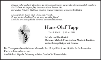 Traueranzeige von Hans-Olaf Tapp von Trauerportal Rhein Main Presse