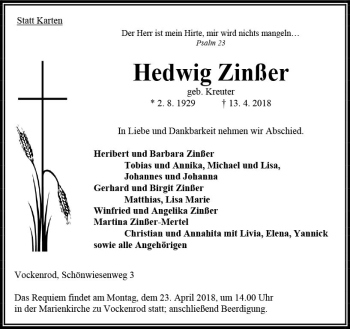 Traueranzeige von Hedwig Zinßer von VRM Trauer
