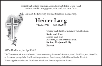 Traueranzeige von Heiner Lang von Trauerportal Rhein Main Presse