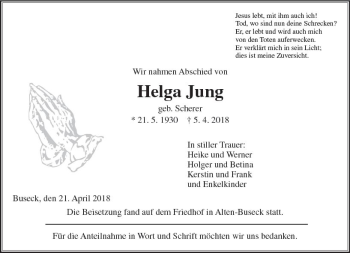 Traueranzeige von Helga Jung von  Gießener Anzeiger