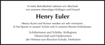 Traueranzeige von Henry Euler von VRM Trauer