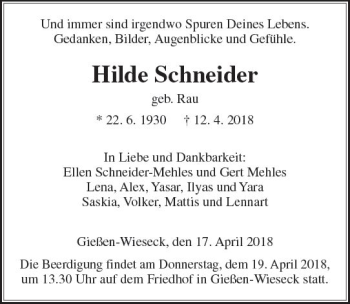 Traueranzeige von Hilde Schneider von  Gießener Anzeiger