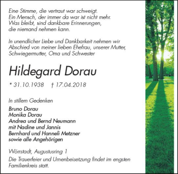 Traueranzeige von Hildegard Dorau von Trauerportal Rhein Main Presse