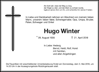 Traueranzeige von Hugo Winter von  Gießener Anzeiger