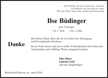 Traueranzeige von Ilse Büdinger von Trauerportal Rhein Main Presse