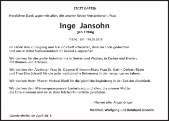 Traueranzeige von Inge Jansohn von Trauerportal Rhein Main Presse